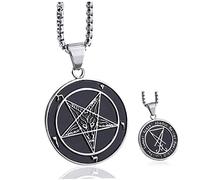Collar con colgante para hombres, collar con colgante de acero inoxidable para hombres, sello de Satán, sello de Lucifer, ambos lados, Baphomet, cabra, diablo, cadena de pentagrama invertida de 26 pu