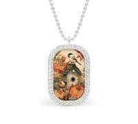 Collar con colgante rectangular de calabaza de otoño con diseño de dos pájaros en la vieja casa de pájaros, joyería de aleación para mujer, llavero de aleación