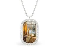 Collar con colgante rectangular de vela de Nochebuena en el alféizar de la ventana, joyería de plata para mujer, llavero de aleación