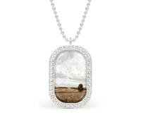 Collar con colgante rectangular vintage de campo abierto con granja, joyería de plata para mujer, llavero de aleación