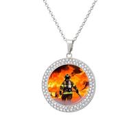 Collar con colgante redondo de diamante de llama de bombero para mujer, con cadena ajustable de 19.7 pulgadas, cierre de langosta, joyería conmemorativa personalizada, regalo para amistad, pareja, uso