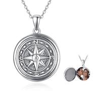 Collar con medallón de brújula de plata de ley 925 con colgante de brújula, medallón de fotos con memoria que sostiene fotos collar para mujeres, hombres, niños, 45,7 cm + 5 cm cadena de plata