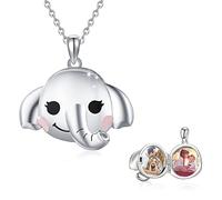 Collar con medallón de elefante que sostiene 2 fotos de plata de ley con forma redonda con colgante de imagen de memoria, collar de linda suerte con animales, joyería familiar, regalo de cumpleaños
