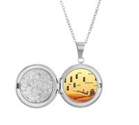 Collar con medallón de mapa de ruta de seda con diseño de desierto de camello con texto en inglés "Along the Way to the Silk Road"