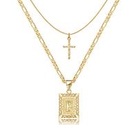 Collar cruzado inicial de capas doradas, chapado en oro de 14 quilates, colgante de letra cuadrada Figaro Chain Cross Choker from A-Z Capital Jewelry for Women GirlsChain Necklace(Letter F)