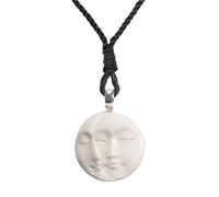 Collar de Amuleto de Cara de Luna Durmiente de Hueso Tallado a Mano en Plata de Ley - Colgante de Fase de Luna Llena y Creciente en cordón - Talismán místico para Hombres - Joyería Celestial Natural