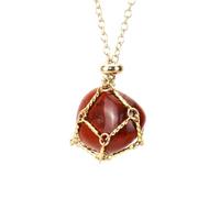 Collar de bolsillo de malla trenzada con junta de bambú, de acero inoxidable y metal, ajustable a mano, con cristal de amatista, dorado y piedra roja.