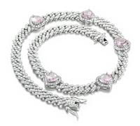 Collar de cadena cubana con colgante de corazón, circonita cúbica, acento contemporáneo, joyería urbana, regalo para mujer, 8 inch/20 cm