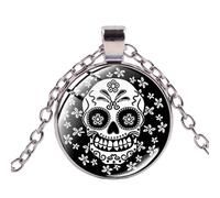 Collar de cadena de calavera de azúcar del día de los muertos, diseño gótico bohemio con impresión de fotos de cristal colgante de cúpula de cristal mexicano Shant, 1