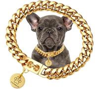 Collar de cadena de oro para perro con colgante de placa de perro, collar de cadena de metal, collar de eslabones cubanos de acero inoxidable chapado en oro de 18K para mascotas (26 pulgadas)