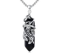 Collar de calavera de la parca de plata de ley 925 con colgante de búho y Santa Muerte con cristal curativo negro para Halloween, gótico, regalo para mujeres y hombres, cadena de 20 + 2 pulgadas,