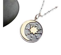 Collar de cielo nocturno en plata de ley 925. Detalle de luna creciente y estrella del norte en bronce. Dije de universo celestial. Regalo de metal mixto|con cadena de 45 cm|chapado en plata|_2714