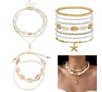 Collar de Conchas Bohemio para Mujer + Set de Joyas veraniegas 12 Piezas + Pulseras Tobilleras Ajustables + Estilo Playa + Blanco Natural