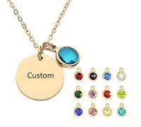 Collar de corazón de acero inoxidable chapado en oro con marca redonda grabada con piedra de nacimiento para mujer, piedra de nacimiento con nombre A inicial, 1.6cm, Acero inoxidable