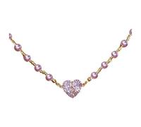 Collar de corazón de circonita morada y perlas de imitación para mujer, diseño abierto al frente, elegante collar de retazos de amor magnético para cumpleaños, fiesta, uso diario