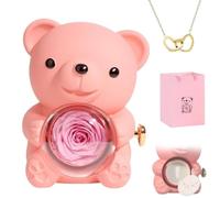 Collar de corazón grabado con caja de regalo de oso de rosa real, regalo de oso de abrazo de rosa preservado para mujeres con collar de corazón, oso de rosa con caja y collar para esposa, mamá, abuela