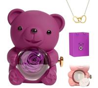 Collar de corazón grabado con caja de regalo de oso de rosa real, regalo de oso de abrazo de rosa preservado para mujeres con collar de corazón, oso de rosa con caja y collar para esposa, mamá, abuela