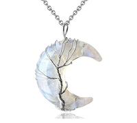 Collar de cristal curativo de 7 Chakras, colgante de cadena de cuarzo de resina con piedra de media luna envuelta en alambre de árbol de la vida,ópalo opalita,50cm