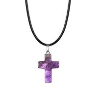 Collar de Cristal de Amatista Natural con Colgante de Cruz de Piedras Preciosas Y Cordón de Cuero Negro,Collar de Cristal Curativo Reiki,Joyería de Chakras,Regalo Para Mujeres Y Hombres