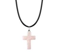 Collar de Cristal de Cuarzo Rosa Natural con Colgante de Cruz de Piedras Preciosas Y Cordón de Cuero Negro,Collar de Cristal Curativo Reiki,Joyería de Chakras,Regalo Para Mujeres Y Hombres