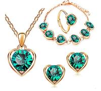 Collar de cristal en forma de corazón Wedity pendientes collar de cristal pulsera conjunto de anillos de oro moda de amor colgante de corazón Choker collares joyería para mujeres y niñas (Verde)