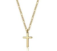 Collar de cruz chapado en oro de 14 quilates para hombre, cadena Figaro de acero inoxidable liso pulido, collar con colgante de cruz simple, regalo para niños, mujeres y niñas, Acero inoxidable,