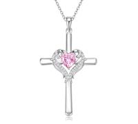 Collar de cruz con piedra natal para mujer: colgante de cruz de plata de ley 925 maciza, joyería cristiana, regalo de cumpleaños de aniversario para novia, esposa, madre, hija, bautizo, regalos de