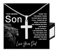 Collar de cruz para hijo, collar para mi hijo de mamá y papá, regalos de Navidad con tarjeta de mensaje y caja, Acero inoxidable, No es una piedra preciosa