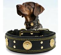 Collar de cuero para perro, collares de cuero auténtico resistente de 5 cm de ancho, hecho a mano, suave y lujoso, la mejor opción para perros de raza grande y media, color negro y dorado, 53-63,5 cm