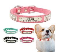 Collar de cuero personalizado para mascotas, collar de perro personalizado con purpurina grabado con el nombre y el número de teléfono de tu mascota. Cuenta con un diseño brillante de diamantes de