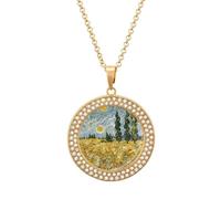 Collar de diamantes de campos de trigo y cipreses para mujer, novia, mamá, cadena de cable de 20 pulgadas, collar con colgante redondo, conmemorativo, pareja, amistad, cumpleaños, aniversario, boda
