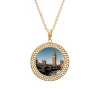 Collar de diamantes junto al río del Big Ben y las casas del Parlamento para mujeres, novia, mamá, cadena de cable de 20 pulgadas, collar con colgante redondo, conmemorativo, pareja, amistad, joyería