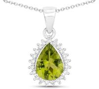 Collar de diseño de halo de plata de ley con peridoto auténtico: colgante de piedras preciosas y diamantes, cadena de 18 pulgadas, piedra natal de 6 x 4 mm, elegante joyería para mujer
