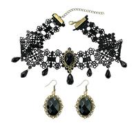 Collar de Encaje Negro Con Pendientes - Elegante y Sexy Cadena de Clavícula Ajustable - Juego de Accesorios Góticos Retro Versátil Para Mujer - Ideal Para Citas