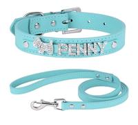 Collar De Encargo Determinado Personalizado del Animal Doméstico del Cuero De La PU De La Correa del Collar De Perro del Diamante Artificial De La Anti-Pérdida Ajustable,Conjunto Azul,S