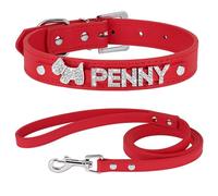 Collar De Encargo Determinado Personalizado del Animal Doméstico del Cuero De La PU De La Correa del Collar De Perro del Diamante Artificial De La Anti-Pérdida Ajustable,Set Rojo,Metro