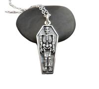 Collar de esqueleto humano en ataúd en plata de ley 925, pequeño colgante con ataúd de tumba de Halloween, delicado colgante de fantasma espeluznante | con cadena de 45 cm | chapado en plata |