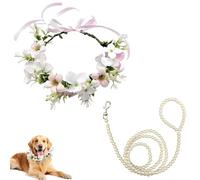 Collar de flores de boda para perros,Conjunto de 2 set Collar Perro Flores Boda Cachorro Femenino con Accesorio de Flores Perlas Correa de Perro con Cuentas para Perros Medianos Mascotas Foto Prop