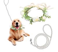 Collar de Flores para Perros Boda, Collar Perro Flores Blancas Boda Cachorro Femenino con Accesorio de Flores Perlas Correa de Perro con Cuentas para Perros Medianos Mascotas Foto Prop