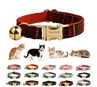 Collar de gato de poliéster a cuadros, nombre y número de teléfono grabado con láser, campana, hebilla dorada ajustable para gatitos y gatos, varios colores, correa y lazo a juego disponibles (estilo
