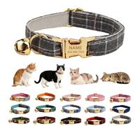 Collar de gato de poliéster a cuadros, nombre y número de teléfono grabado con láser, campana, hebilla dorada ajustable para gatitos y gatos, varios colores, correa y lazo a juego disponibles (estilo