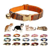 Collar de gato de poliéster a cuadros, nombre y número de teléfono grabado con láser, campana, hebilla dorada ajustable para gatitos y gatos, varios colores, correa y lazo a juego disponibles (estilo