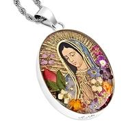 Collar de la Virgen María con colgante de plata de ley 925 con cadena de acero inoxidable de 50,8 cm, medalla de Virgen María, medalla milagrosa de flor prensada, joyería religiosa católica, regalo