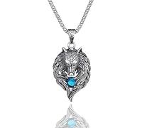 Collar de Lobo de Norse Viking For Hombre, Cubic Zirconia Lobo Cabeza Colgante Colgante con 23.6 "Cadena, Collar de Totem Lobo Vintage, Collar de Amuleto Lobo Sello(Blue Cz)