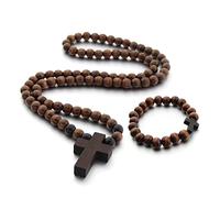 Collar de madera con colgante para hombre y mujer, cuentas de madera talladas, rosario largo, collares católicos masculinos judíos
