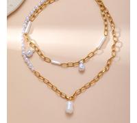 Collar de múltiples capas de cadena de oro vintage para mujer-Irregular perla colgante declaración joyería, 42 5,5 cm ajustable titanio acero langosta corchete, estilo americano europeo de la calle