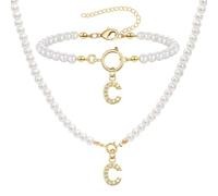 Collar De Perlas Con Iniciales Juego De Pulseras Juego De Joyas De Perlas Para Mujer Colgante Ajustable Iniciales A-Z Capital Collares Perlas Pulsera Perlas Iniciales Regalos Para Mujeres (C)