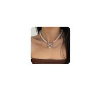 Collar de perlas con lazo de diamantes de imitación en capas para mujer, gargantilla vintage de cristal brillante con cuentas de lazo de circonita cúbica, accesorios de joyería, L, Metal, No es una