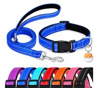 Collar de perro acolchado de neopreno suave reflectante con correa, soporte para Airtag, juego de collares de nailon ajustables para perros XS, pequeños, medianos y grandes, azul marino, talla M