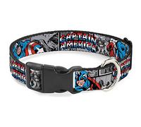 Collar de Perro con Clip de plástico Capitán América, 2 posturas, Bloques de cómics, Gris, Rojo, Blanco y Azul, 13 a 18 Pulgadas, 1.5 Pulgadas de Ancho